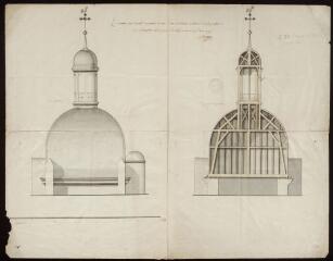 1 vue Élévation, coupe et profil du comble en dôme, dôme et lanterne de la tour de l'église paroissiale de Seignelay.