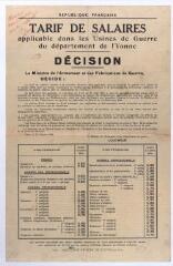 ouvrir dans la visionneuse : 1 vue Tarif de salaires applicable dans les usines de guerre du département de l'Yonne
