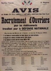 ouvrir dans la visionneuse : 1 vue Avis de recrutement d'ouvriers pour les établissements travaillant pou la défense nationale