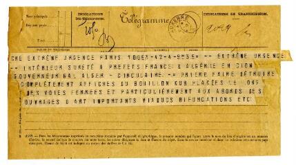 ouvrir dans la visionneuse : 1 vue Télégramme officiel demandant la destruction des affiches « Bouillon Kub »